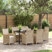 Set da Pranzo da Giardino 7 Pezzi con Cuscini Beige Polyrattan