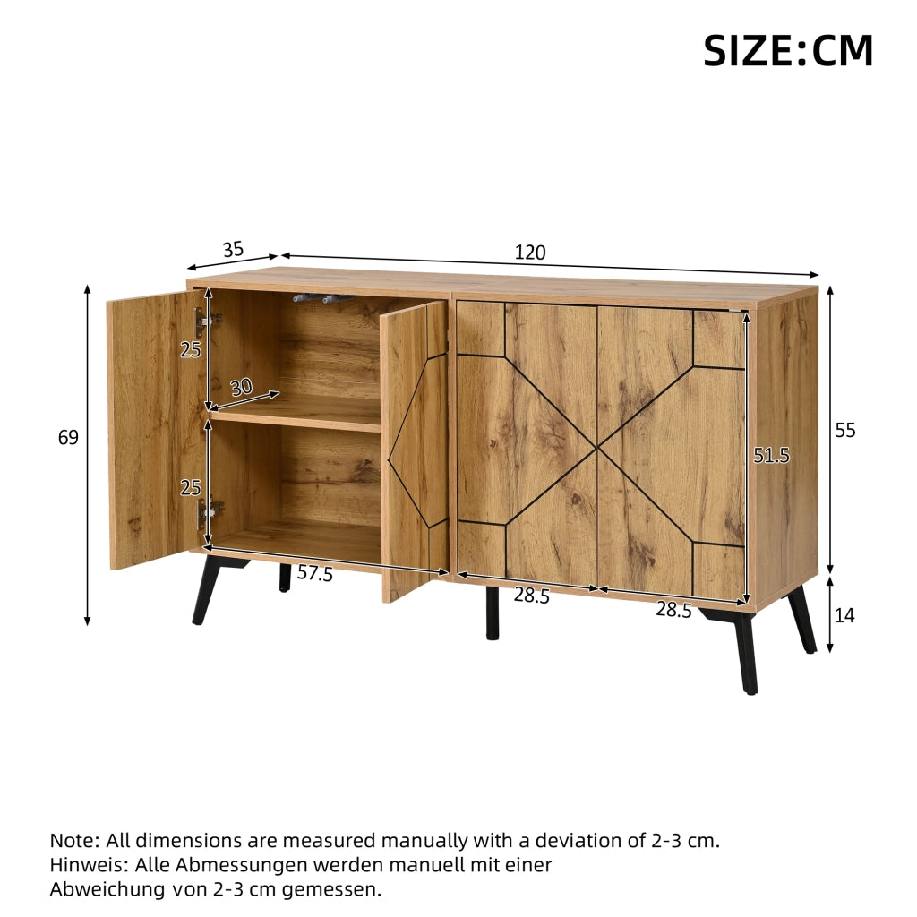 Credenza e madia con 4 ante e 4 vani, chiusura push-open, per soggiorno e cucina, in MDF, naturale, 120 × 35 × 69 cm