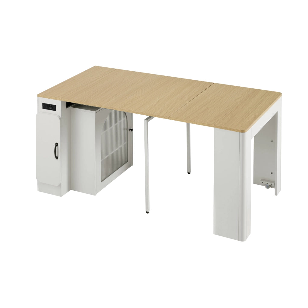 Tavolo da pranzo allungabile 83x39.6x77 cm con ruote nascoste; LED e prese USB Type-C; MDF; bianco naturale