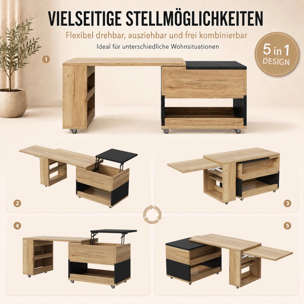 Tavolino da salotto estensibile, pannello laterale girevole a 360¡ã, piano regolabile in altezza, dotato di rotelle, disponibile nei colori legno naturale e nero