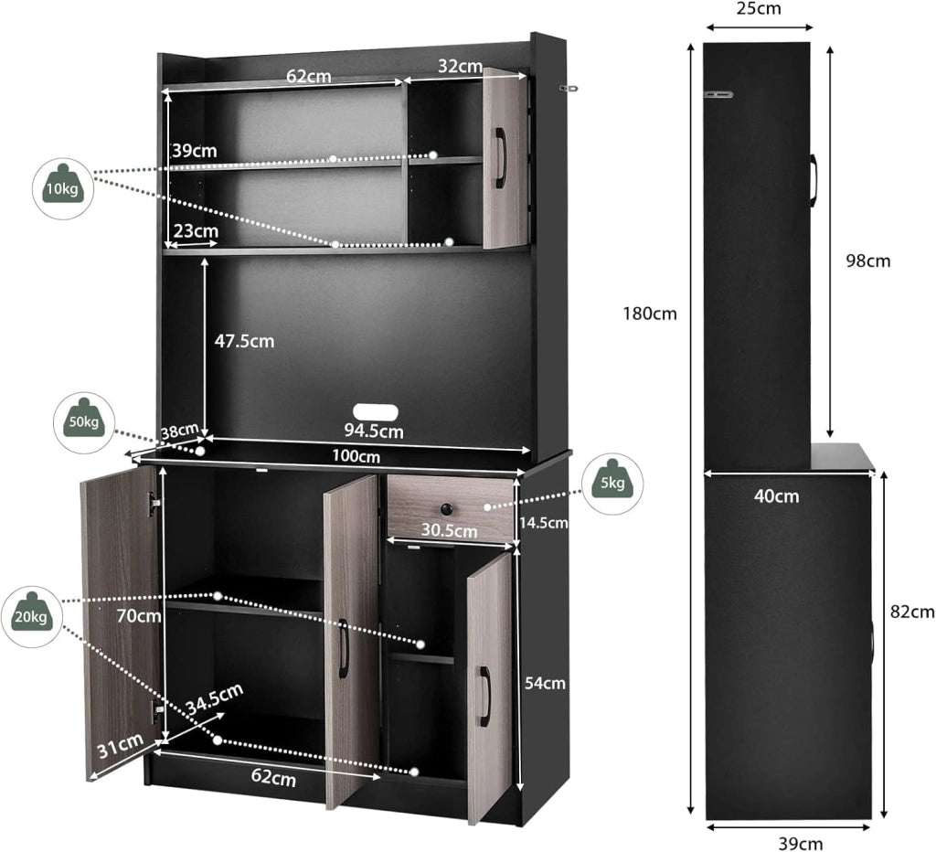 Credenza Alta da Cucina 180 cm, Mobile Cucina Dispensa con Fori per Cavi, Mobile Buffet con 4 Ripiani Regolabili, 3 Armadi, per Soggiorno, Sala da Pranzo, 100 x 40 x 180 cm (Nero)