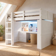 Letto a soppalco 140x200 cm con LED; scrivania e armadio in legno bianco
