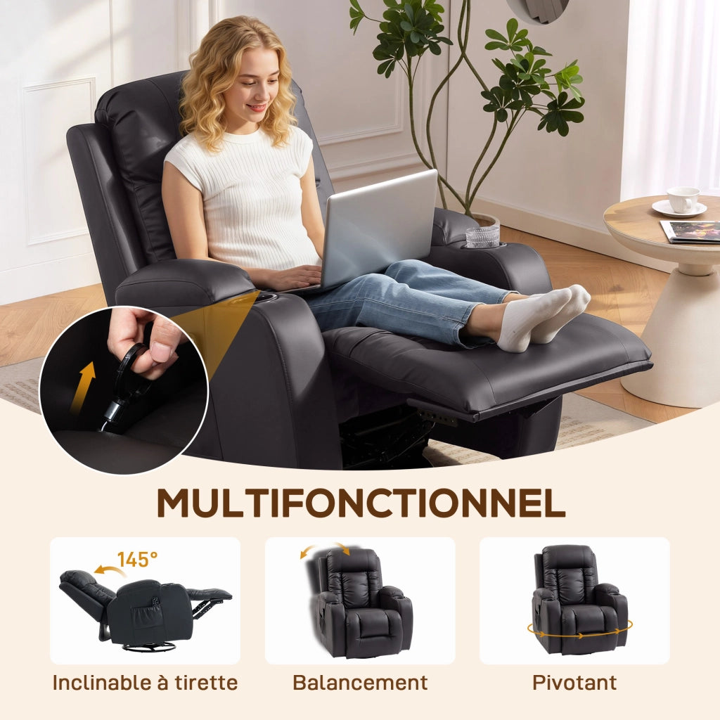 Poltrona relax massaggiante elettrica riscaldante ¨C Xylo ¨C reclinabile girevole 360¡ã marrone 82x99x103cm
