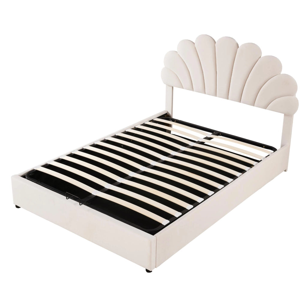 Letto imbottito 140 x 200 cm in velluto beige con testiera floreale e contenitore