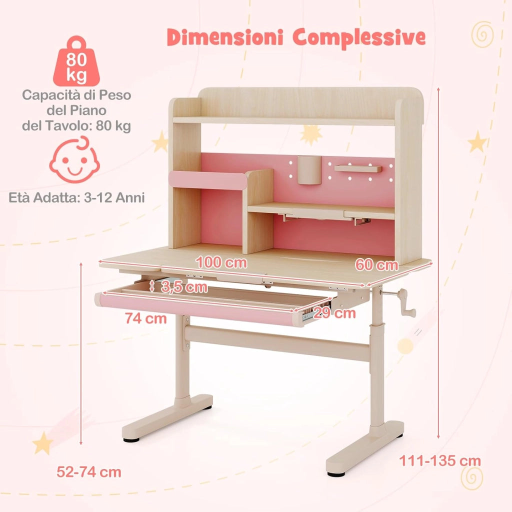 Scrivania per Bambini 3+ Anni, Tavolo da Studio Regolabile in Altezza con Libreria e Cassetto, Piano Inclinabile, Mensole, Leggio e Portapenne, Scrivania per Studiare (Rosa)