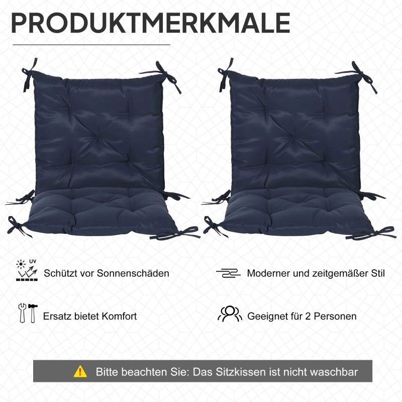 Set di 2 cuscini per sedia, 98 x 50 cm, con lacci, rivestimento in tessuto, spessore 8 cm, blu scuro.