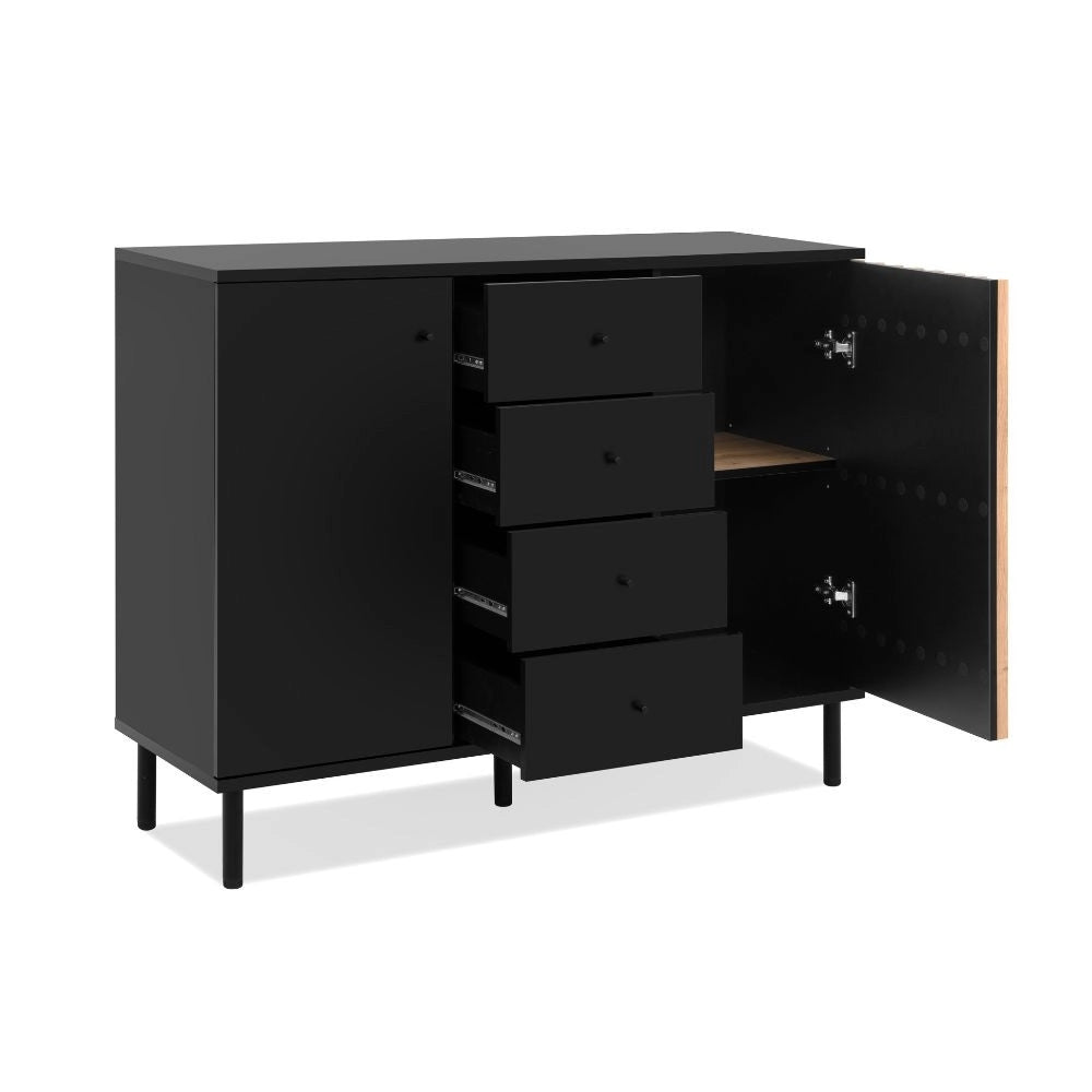 Madia moderna 2 ante e 4 cassetti nero con listelli rovere Monza01B 118x40x90H
