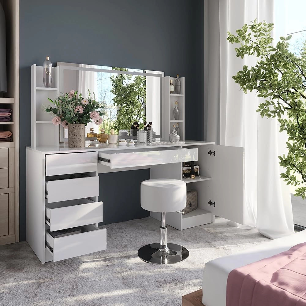 Tavolo da toeletta Sherry, Bianco/bianco lucido, 158.2 cm 5 parti