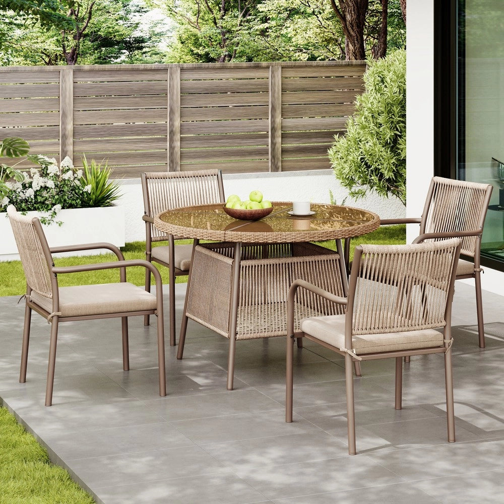 Set da giardino in rattan moderno - Zephmum- Tavolo rotondo in vetro + 4 poltrone