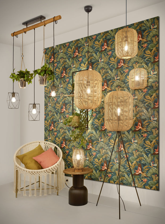 Lampada a sospensione, metallo, nero e corda, D 25 cm, Runa