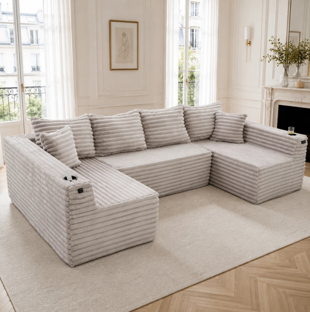 DIVANO modulare a U 320x155x88 cm in velluto a coste grigio chiaro