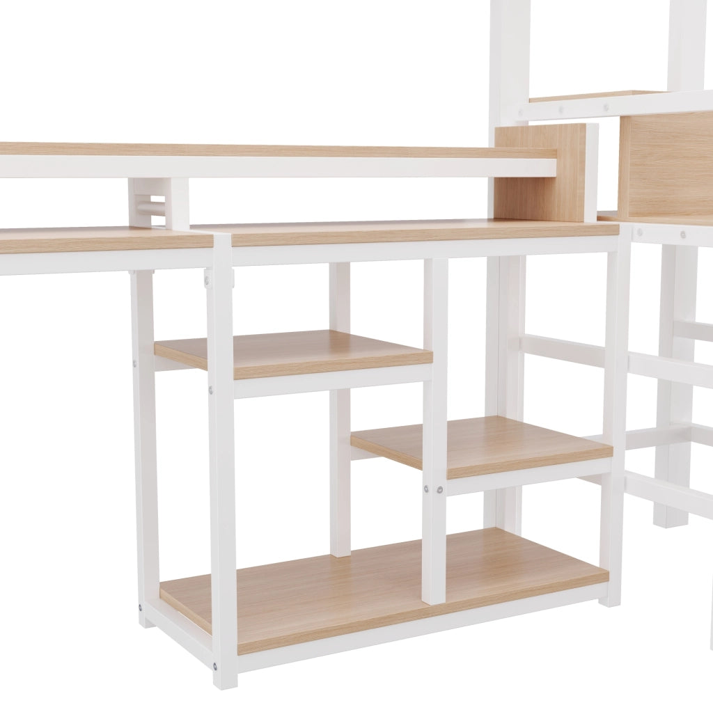 Letto a soppalco 140x200 cm in metallo e MDF; con scala armadio; LED e porte USB; bianco