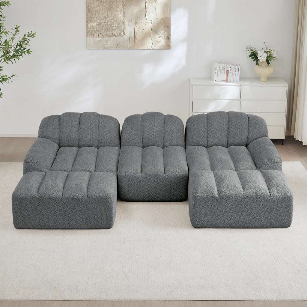Divano modulare senza struttura con seduta profonda e pouf, in fleece granulare grigio per soggiorno 288 × 165 × 79 cm