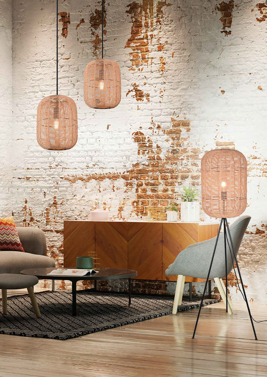 Lampada a sospensione, metallo, nero e corda, D 35 cm, Runa