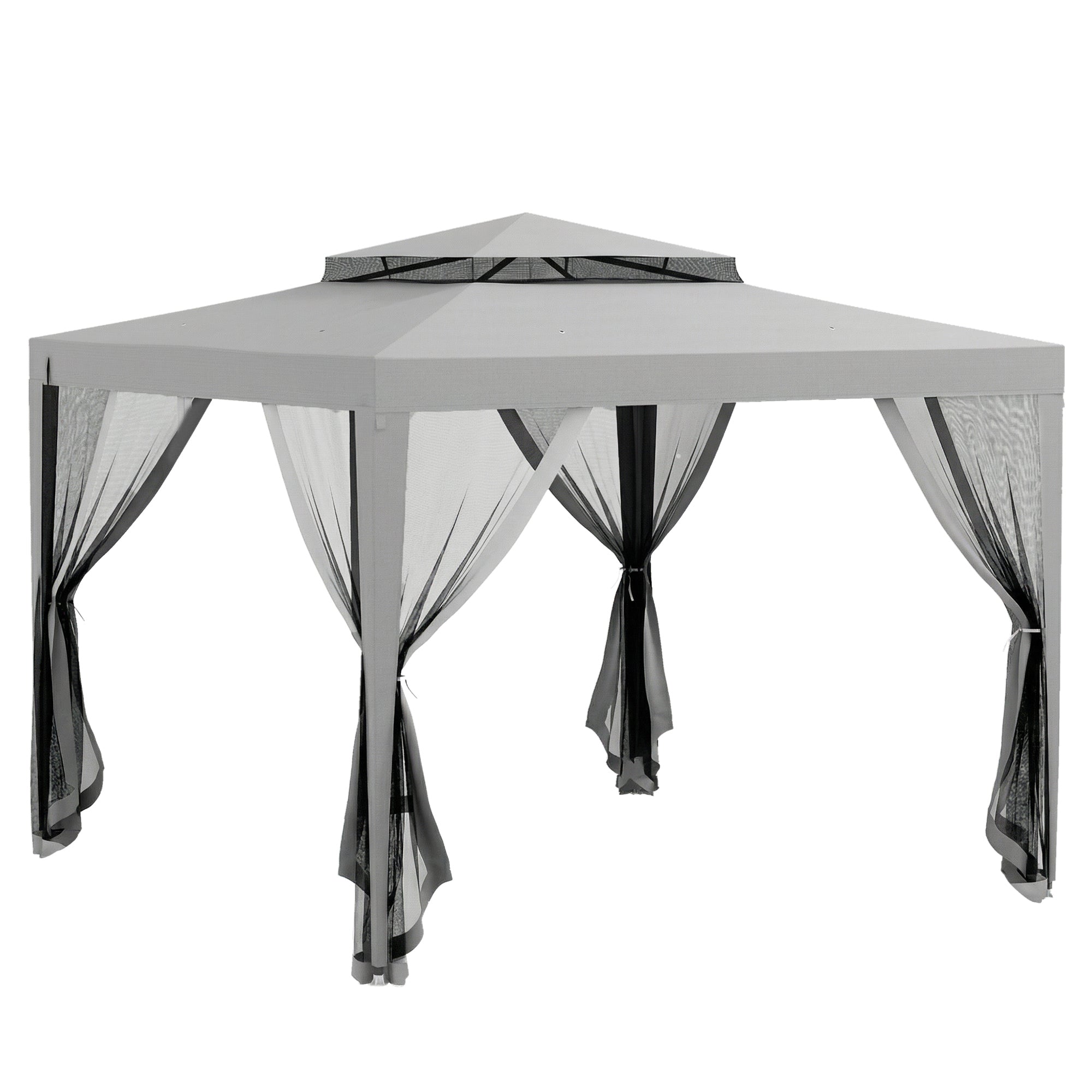 Gazebo da Giardino 3x3 m con Zanzariera Doppio Tetto e 8 Fori in Acciaio e Poliestere Grigio