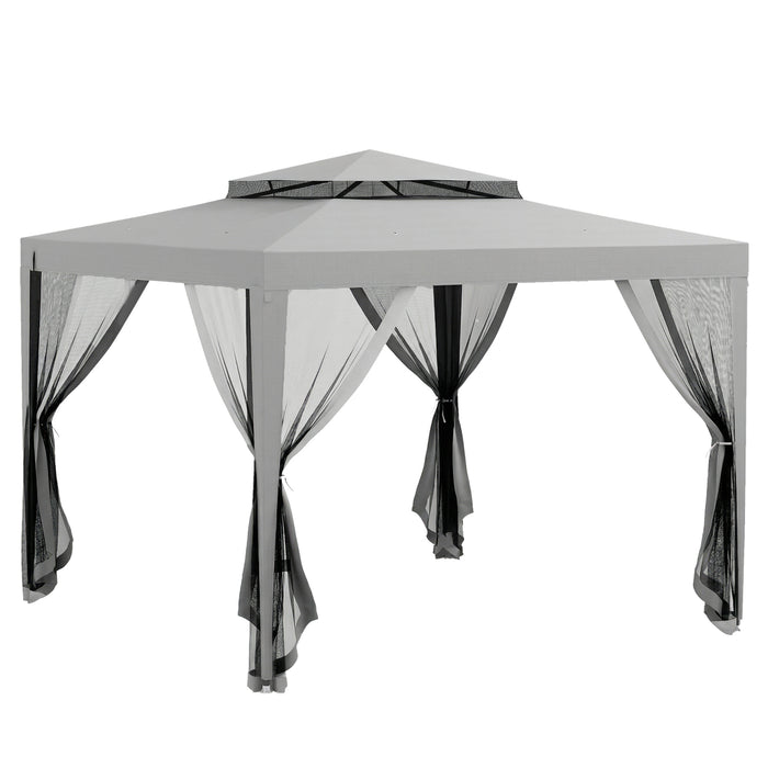 Gazebo da Giardino 3x3 m con Zanzariera Doppio Tetto e 8 Fori in Acciaio e Poliestere Grigio