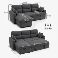 Divano letto regolabile ad angolo, con contenitore e cuscini, Grigio