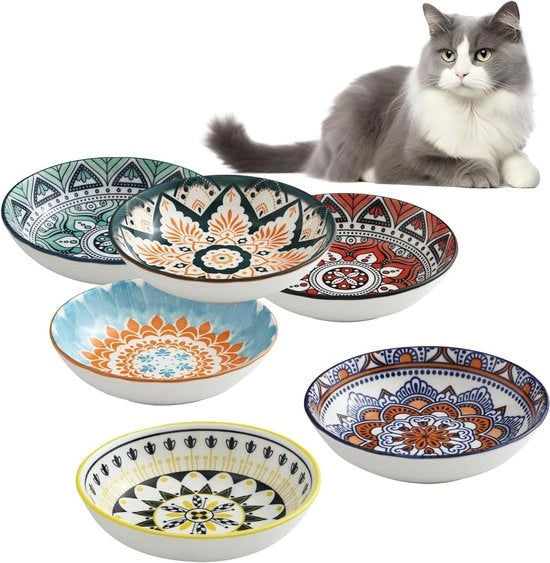 Set di Piatti per Cibo per Gatti in Ceramica Colorata da 6 pezzi, 14 cm - Adatto per Alimentazione Secca, Umida e Acqua