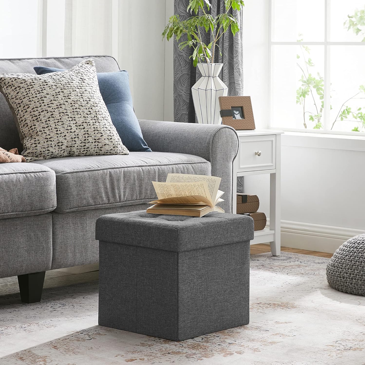 Pouf contenitore Valora grigio scuro con seduta pieghevole per soggiorno