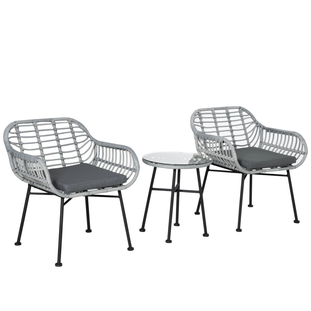 Set Divano da Esterno in Polyrattan con 2 Sedie e Tavolino in Vetro ¨C Zephmum ¨C Grigio