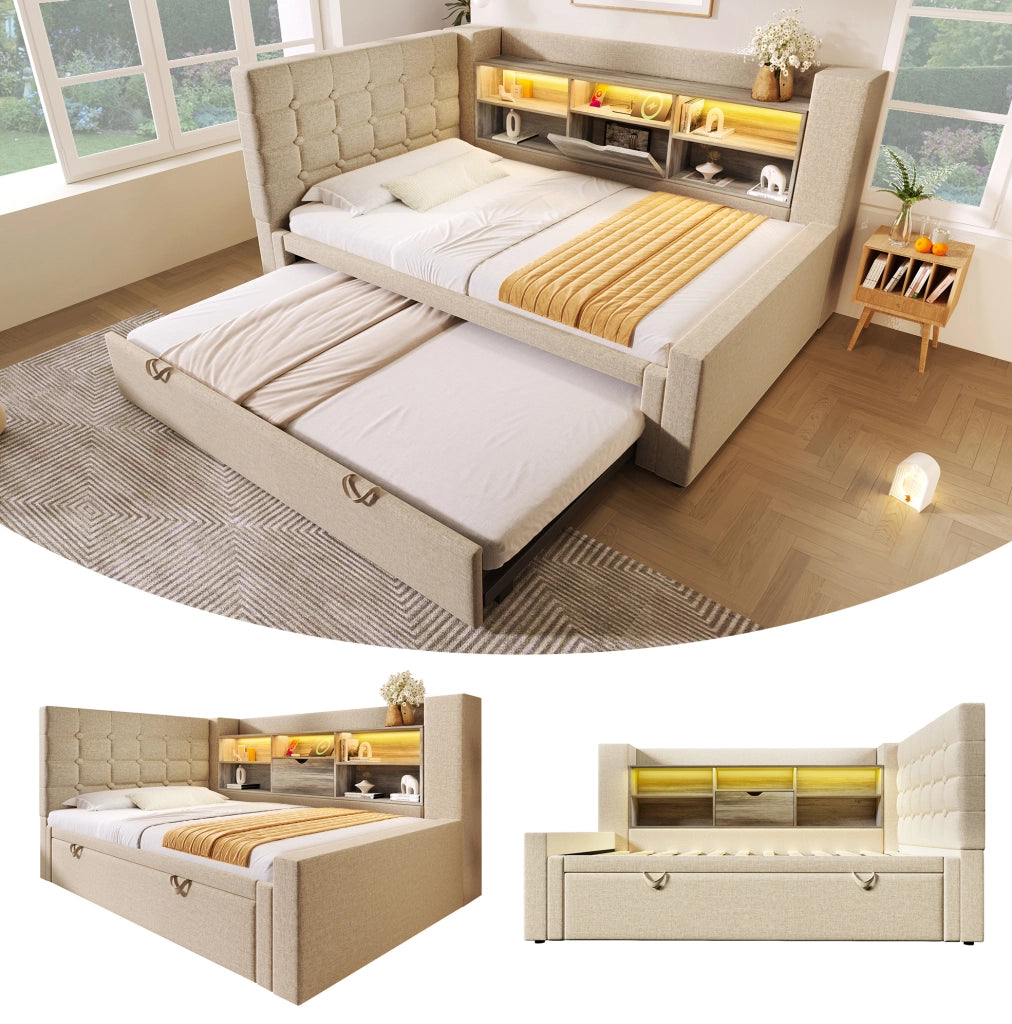 Letto imbottito con letto estraibile; LED e porte di ricarica; 90x200 cm; beige
