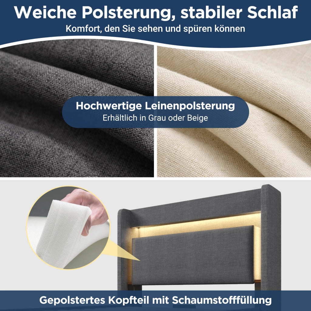 LETTO imbottito 90x200 cm con LED, porte USB e USB-C, grigio