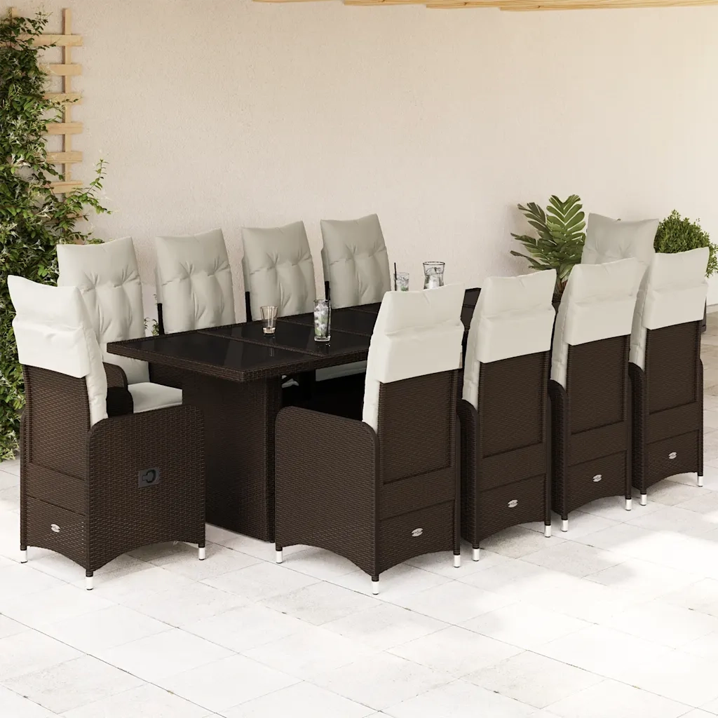 vidaXL Set Bistrò da Giardino 11 pz con Cuscini in Polyrattan Marrone
