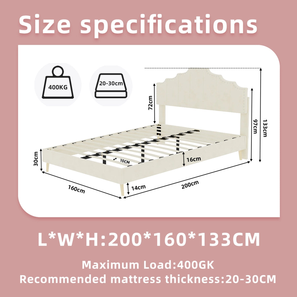 Letto matrimoniale 160x200 cm in tessuto e metallo beige