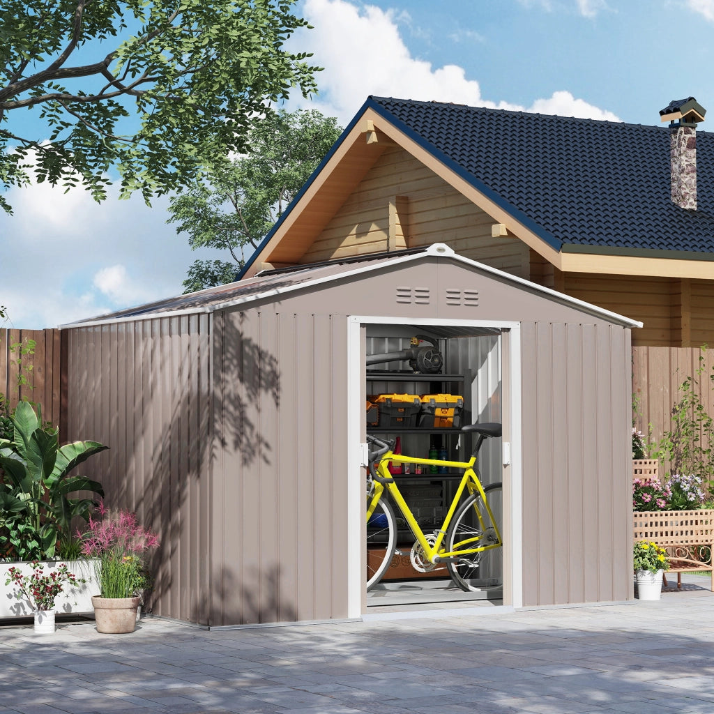 Casetta da giardino in acciaio zincato 4,9 m² 277x195x192 cm con porte scorrevoli, grigio chiaro