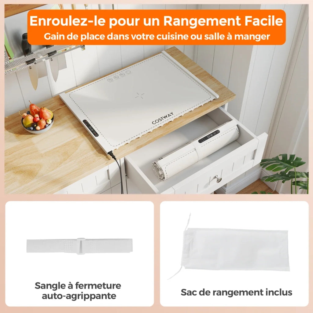 Tappetino riscaldante elettrico arrotolabile 60 x 44 x 2 cm riscaldamento rapido 10 secondi moderno in silicone bianco 20_0014201