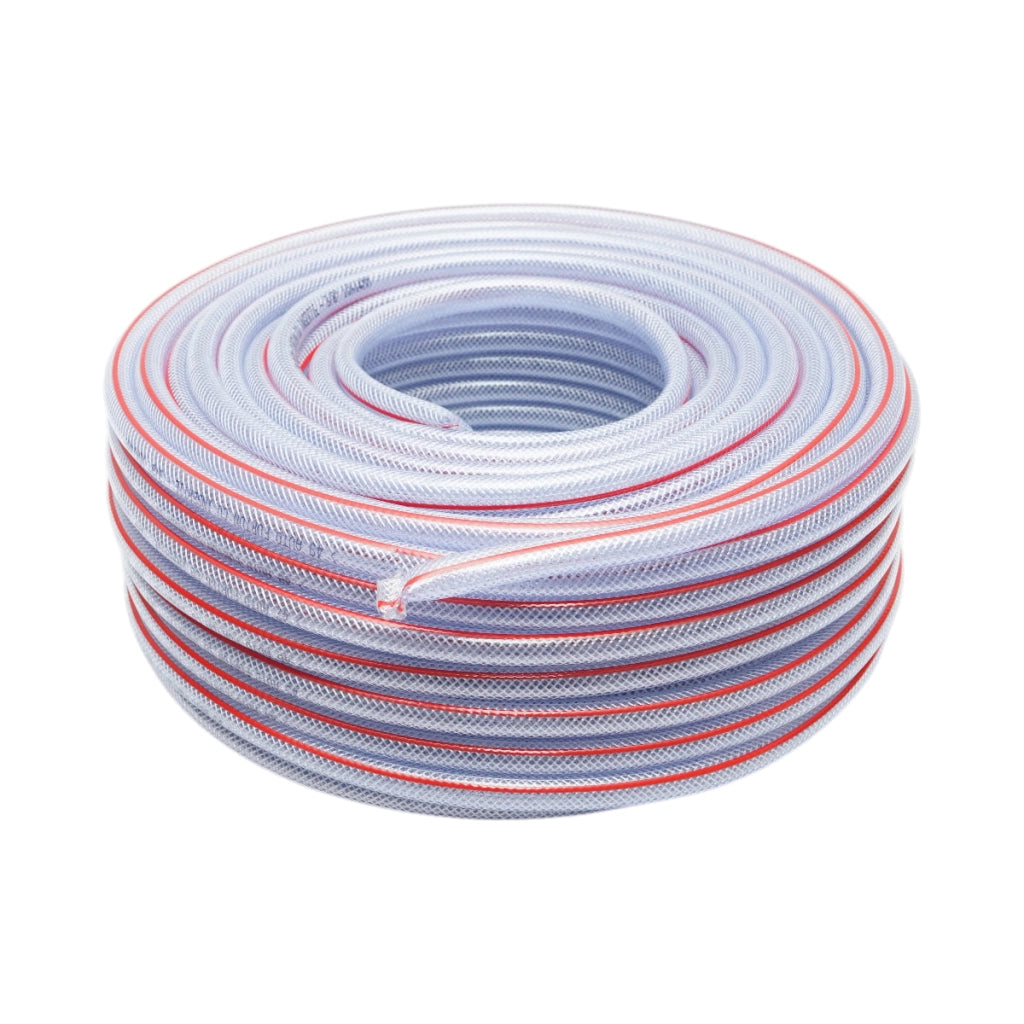 Tubo da giardino in PVC trasparente da 3/8 pollici (10 mm), PN9 bar, 10x14 mm con inserto tessile intrecciato, rotolo da 50 m