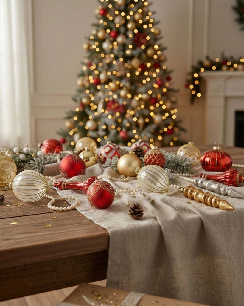 Set di 50 palline di Natale in vetro da appendere all'albero di Natale in stile tradizionale glamour rosso e oro