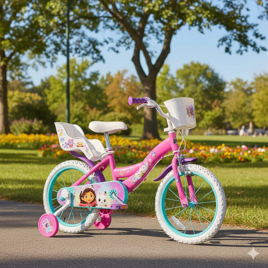 Bicicletta Bambina 16 Pollici con Rotelle Cestino e Portabambola Gabby's Dollhouse Rosa e Viola