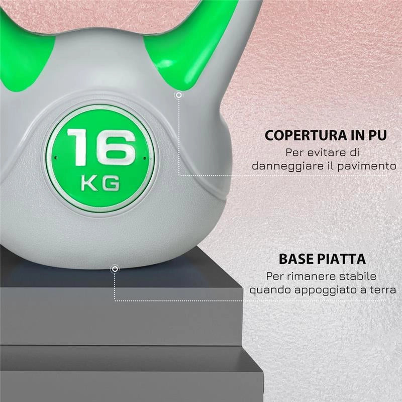 KETTLEBELL 16 KG IN PU E SABBIA CON BASE PIATTA 26 X 18 X 32 CM VERDE