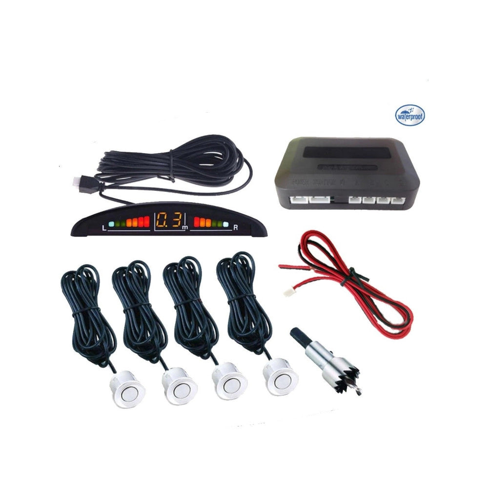 Trade Shop - Kit 4 Sensori Di Parcheggio Con Display Led+suono Grigio Con Cicalino Acustico -