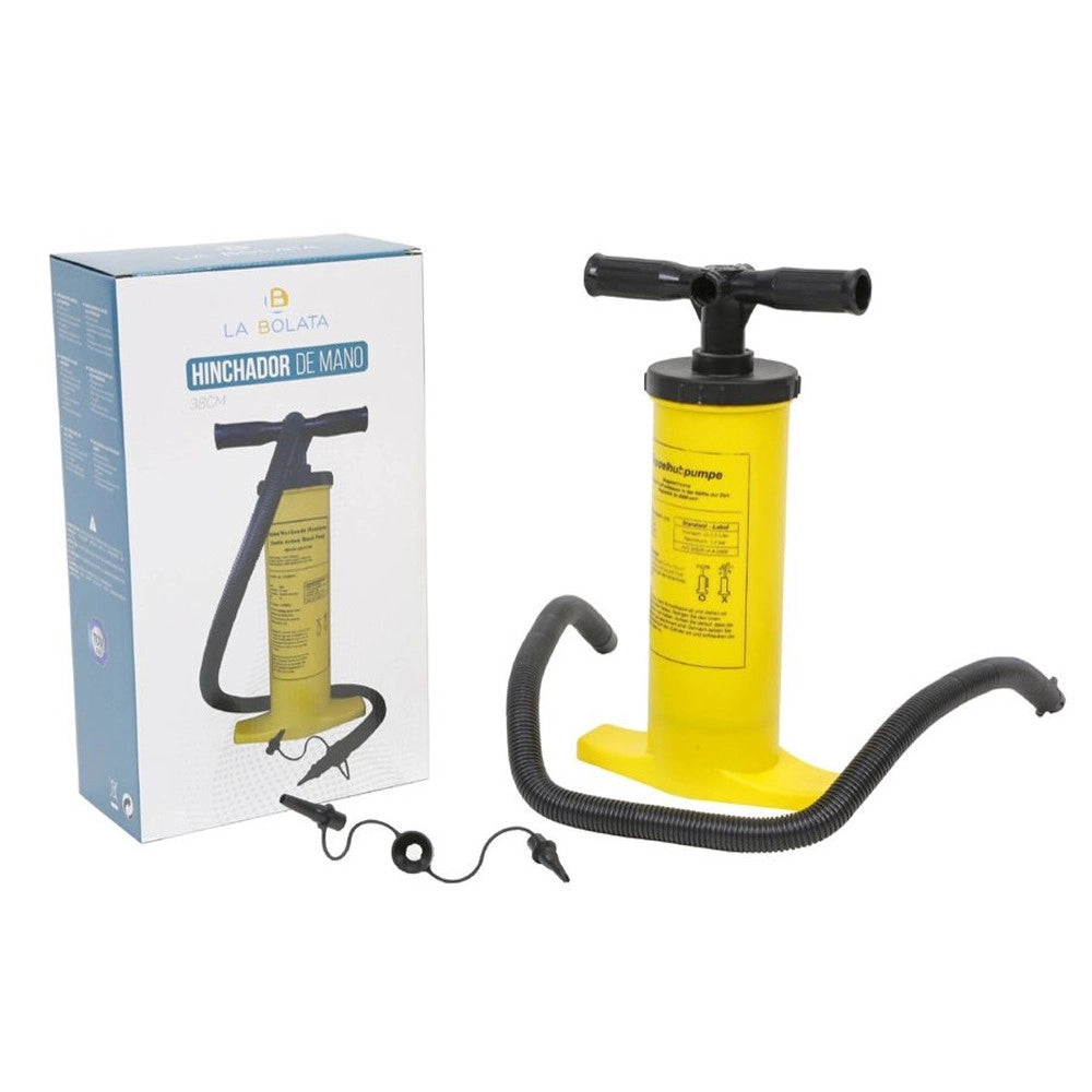 Trade Shop - Pompa A Mano 38/40cm Gonfiatore Manuale Giallo Con Tubo Flessibile 2 Adattatori 016971 -
