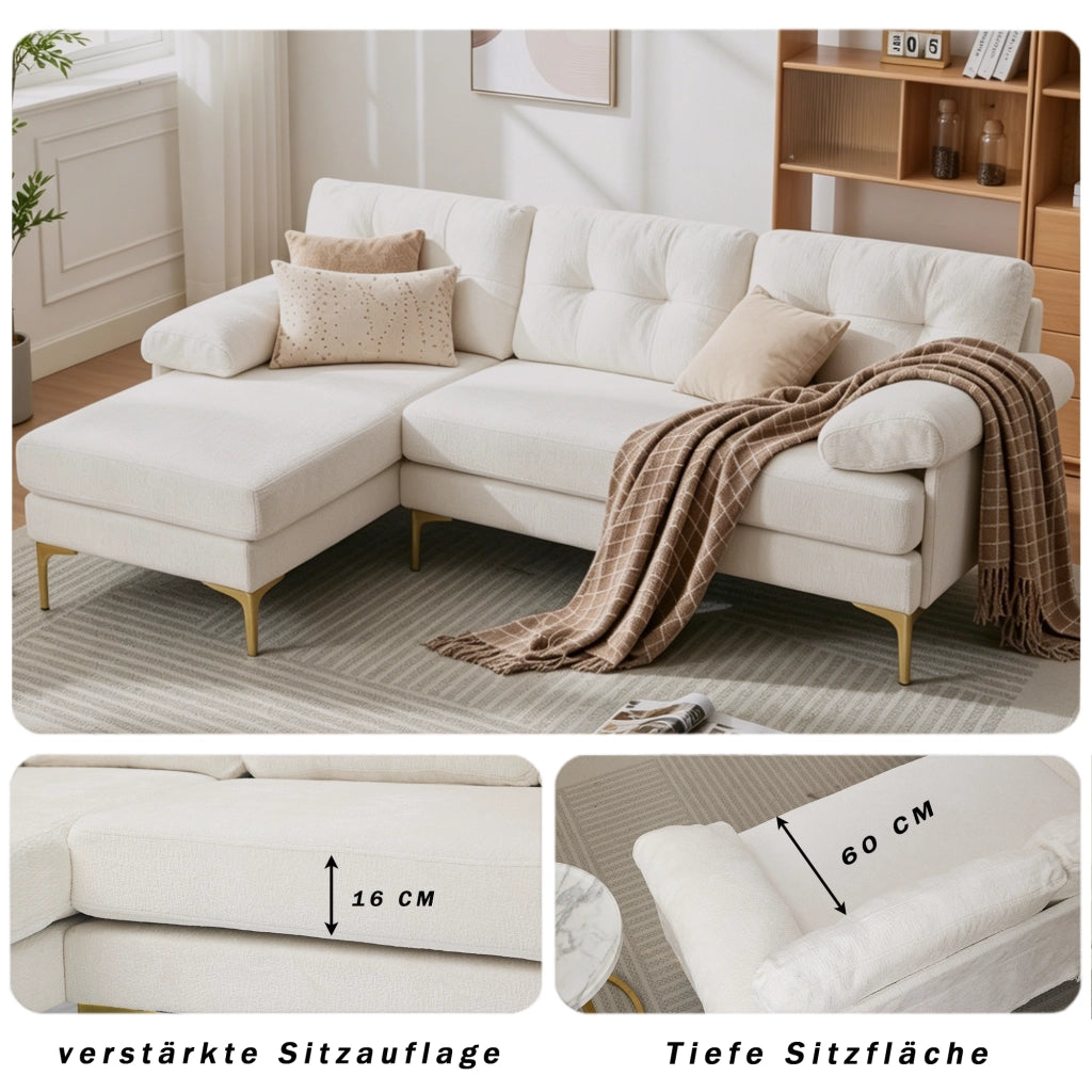 Divano angolare reversibile 3 posti con cuscini e braccioli, in ciniglia, Beige, 187.5 × 130 × 79 cm