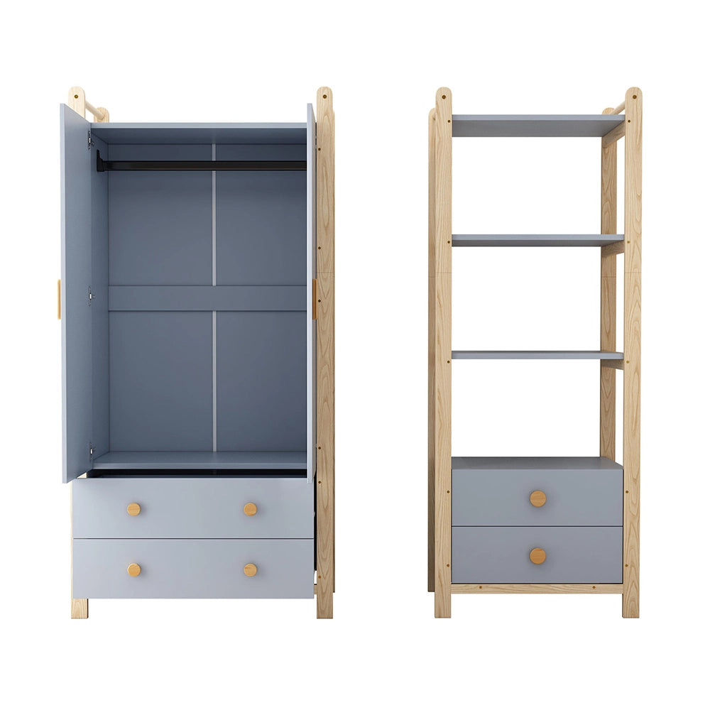 Armadio combinato bambino 2 ante - Xylo - con appendiabiti e cassetti, 180 cm, blu e colore legno naturale