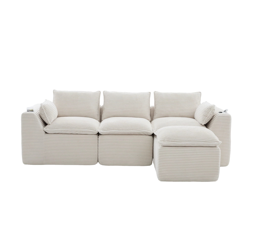 Divano modulare a 3 posti con pouf; tasche laterali; in corduroy beige 256x161x75 cm