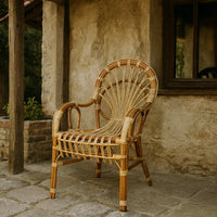 Poltrona sedia Malacca bassa in legno di bambù e giunco intrecciato a mano