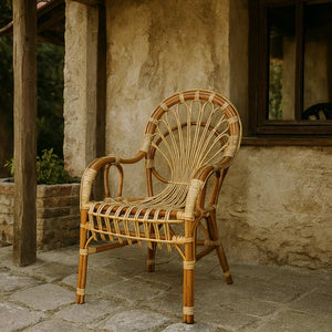 Poltrona sedia Malacca bassa in legno di bambù e giunco intrecciato a mano