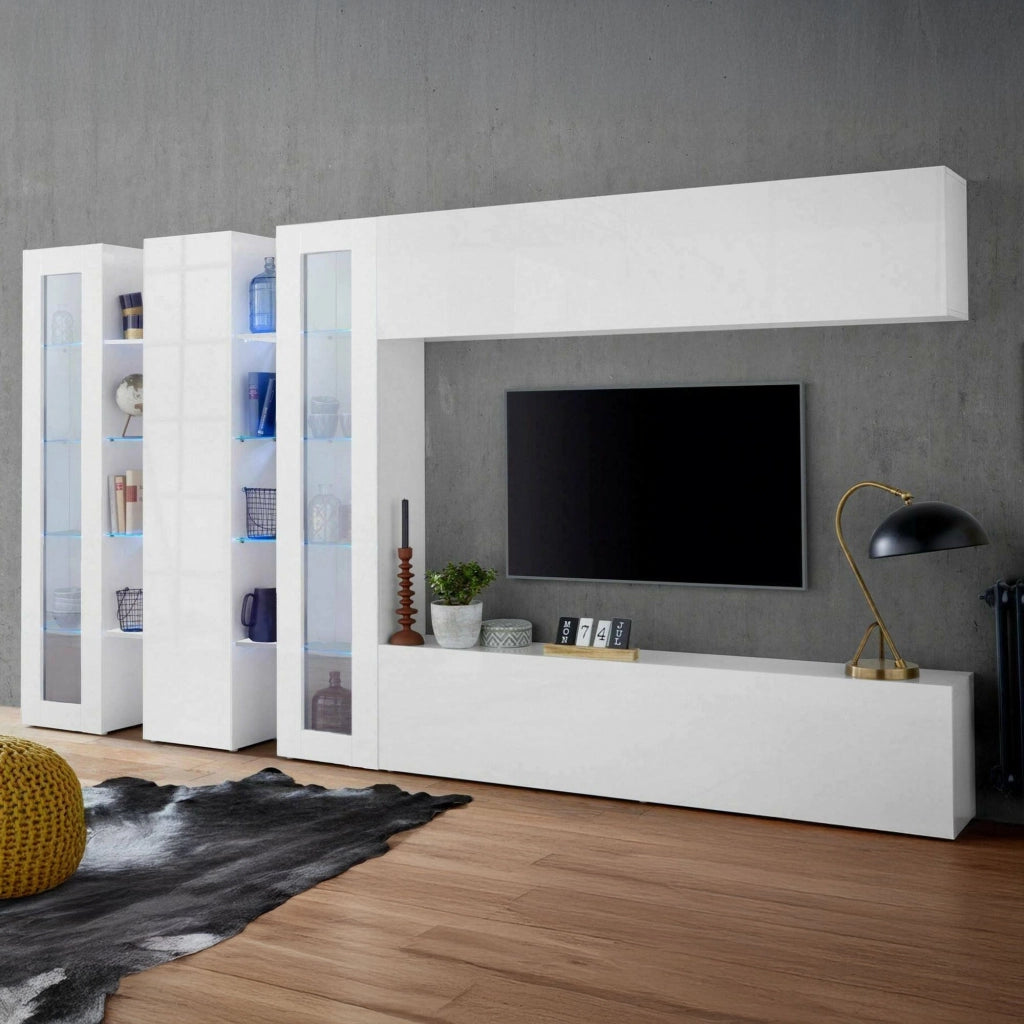 Parete attrezzata Atta, Set salotto porta TV a 5 ante, Mobile soggiorno multiuso, 100% Made in Italy, cm 340x30h180, Bianco lucido