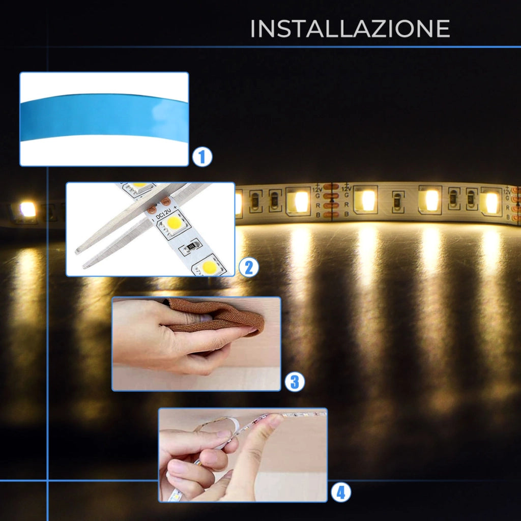 STRISCIA 120 LED/M LUCE NATURALE E FREDDA 12V DA 5 METRI - IP2O PER USO INTERNO FLESSIBILE E TAGLIABILE AD ALTA LUMINOSITA'