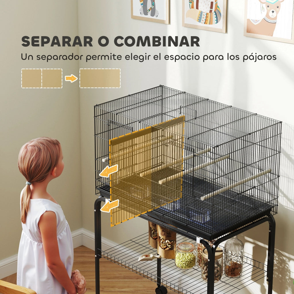 Gabbia per Uccelli con Divisorio e Vassoio Estraibile ¨C Zephmum ¨C Nero 76x46x46/116 cm