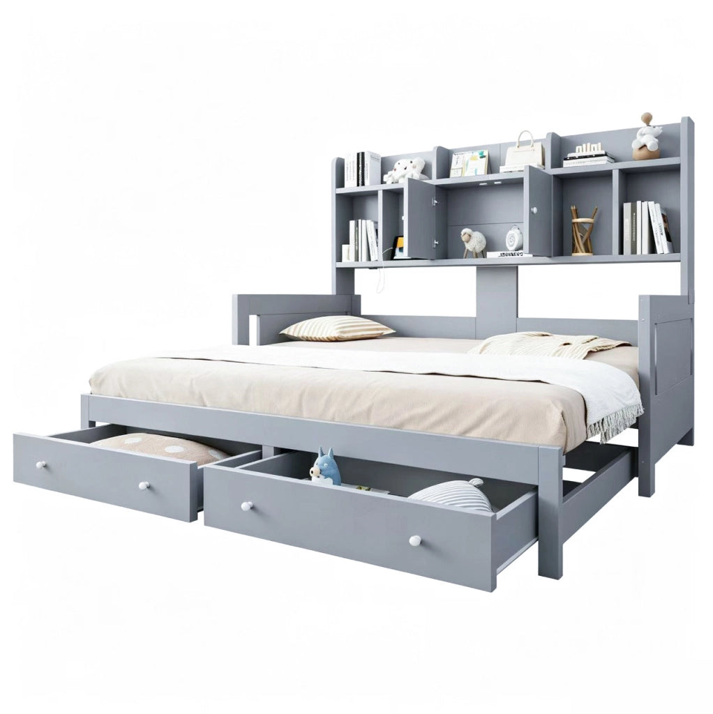 Divano letto estraibile 90x190 cm con cassetti e LED in legno grigio