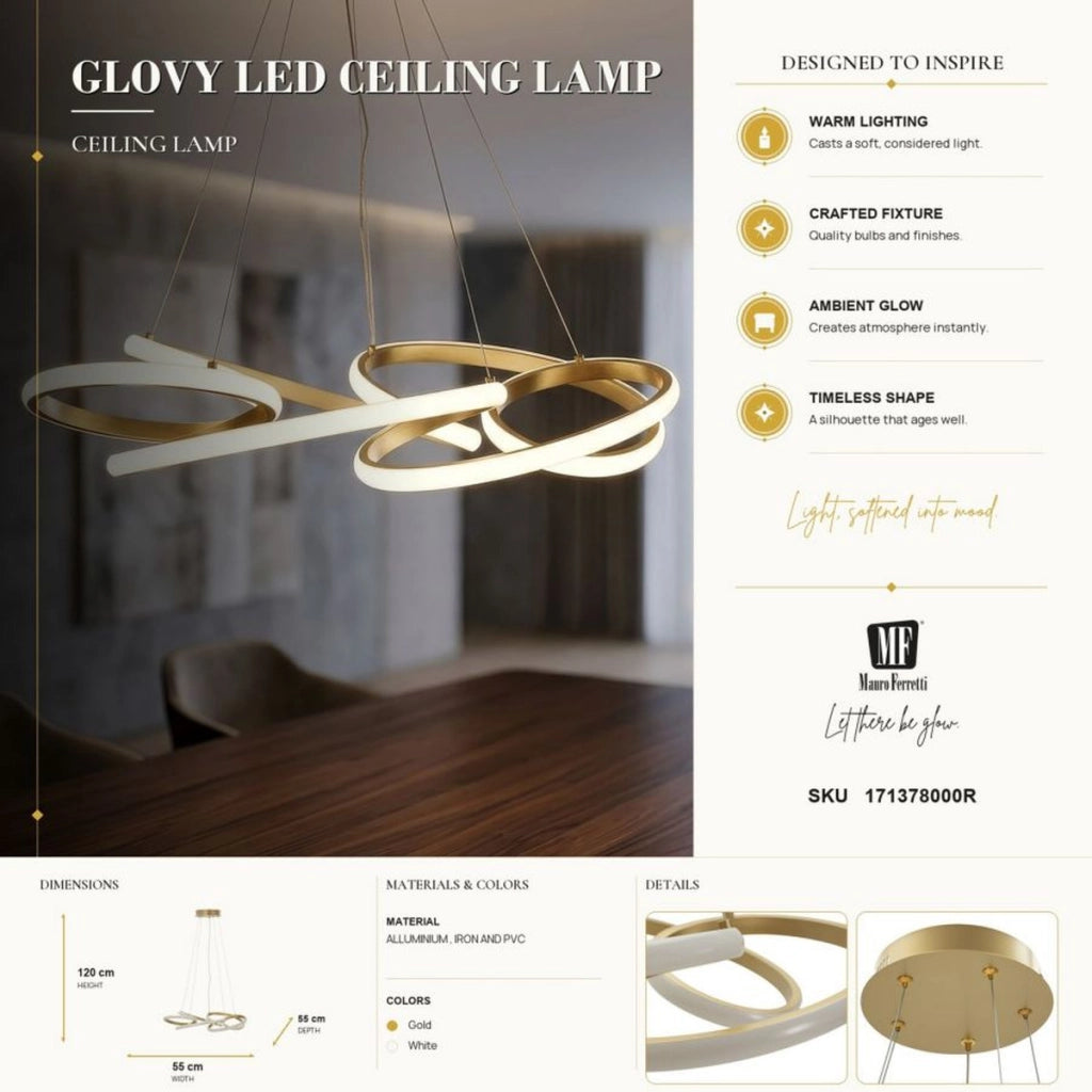 Lampadario Glovy in oro satinato con spirali LED regolabili