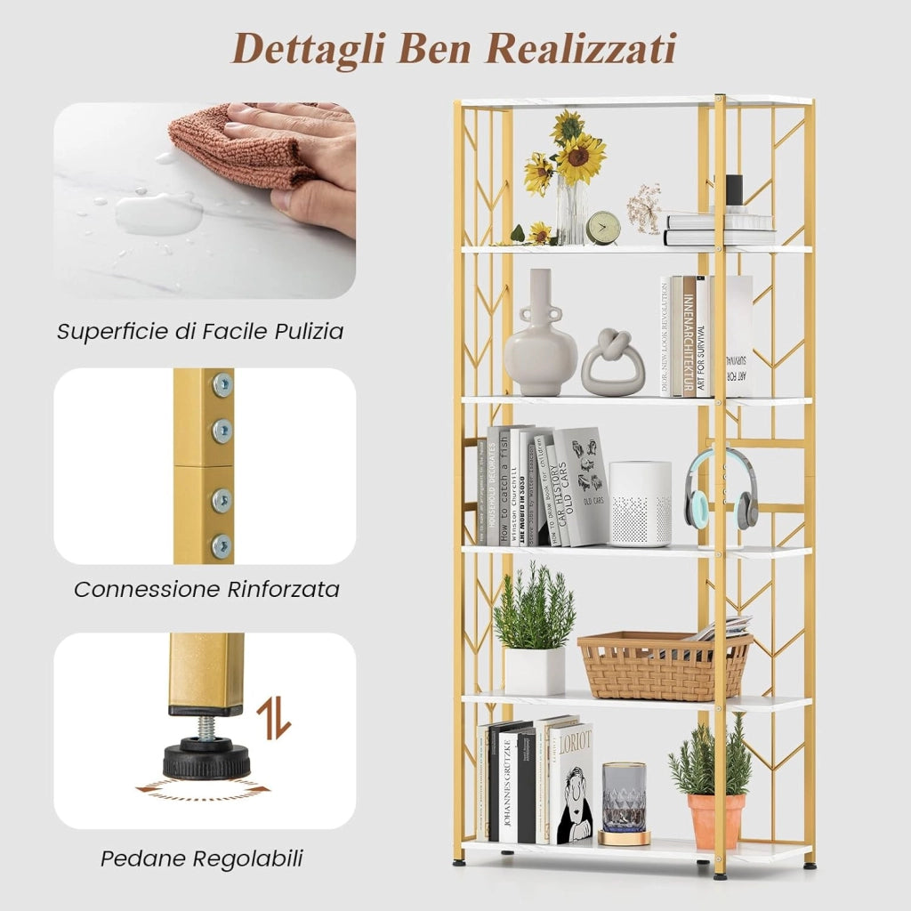 Libreria a 6 Ripiani, Libreria Geometrica Moderna con Telaio in Metallo, Scaffale da Terra con 2 Kit Antiribaltamento per Soggiorno Camera da Letto Studio, 80x31x180 cm (Bianco)