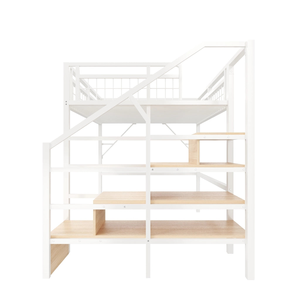 OKWISH Letto a Soppalco 140×200 cm, Letto Matrimoniale con LED Regolabile, Scala Contenitore e Spazio sotto Letto, senza Materasso, Bianco