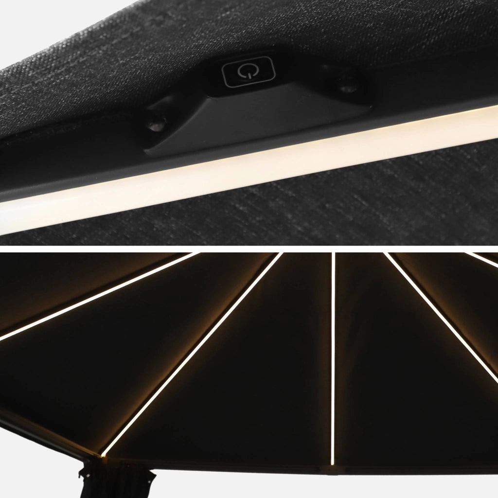 Gazebo da giardino 3x4m in alluminio effetto legno con tende e led,