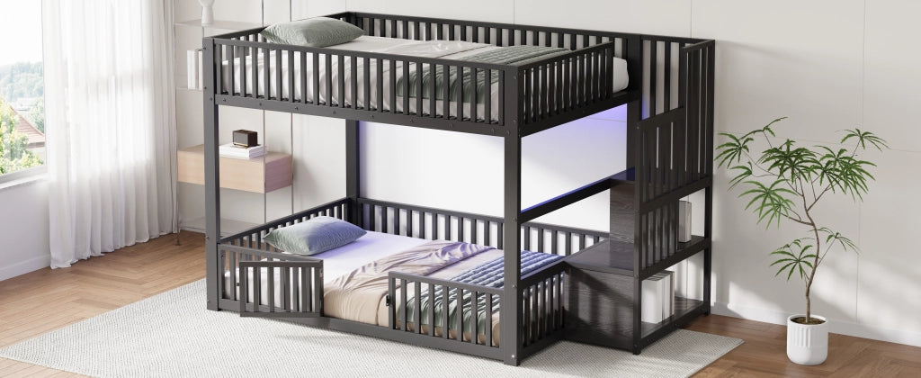 DESMIU Letto a castello 140 × 200 cm 2 posti con LED, scala contenitore, senza materasso, nero